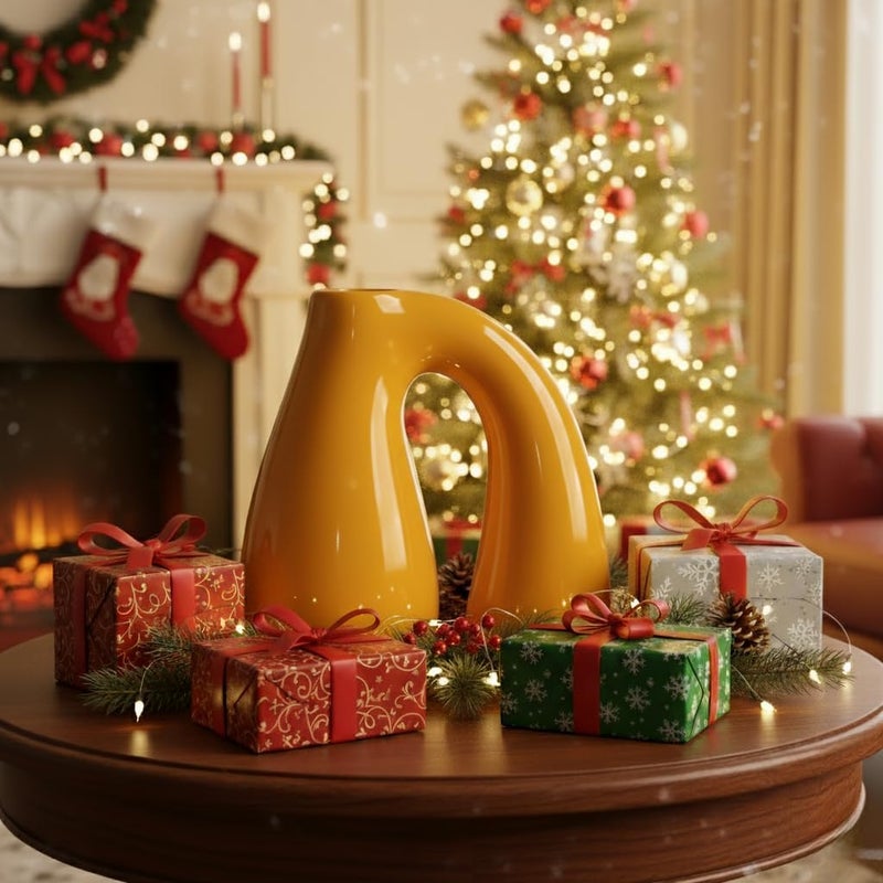 PROBENEX Yellow Ceramic Decorative Pitcher Vase, 7.5 in – Glossy Sculptural Arch-Handle, Modern Home Décor Accent for Fresh or Dried Floral Arrangements, Table/Shelf/Entryway, Giftable - Image 2